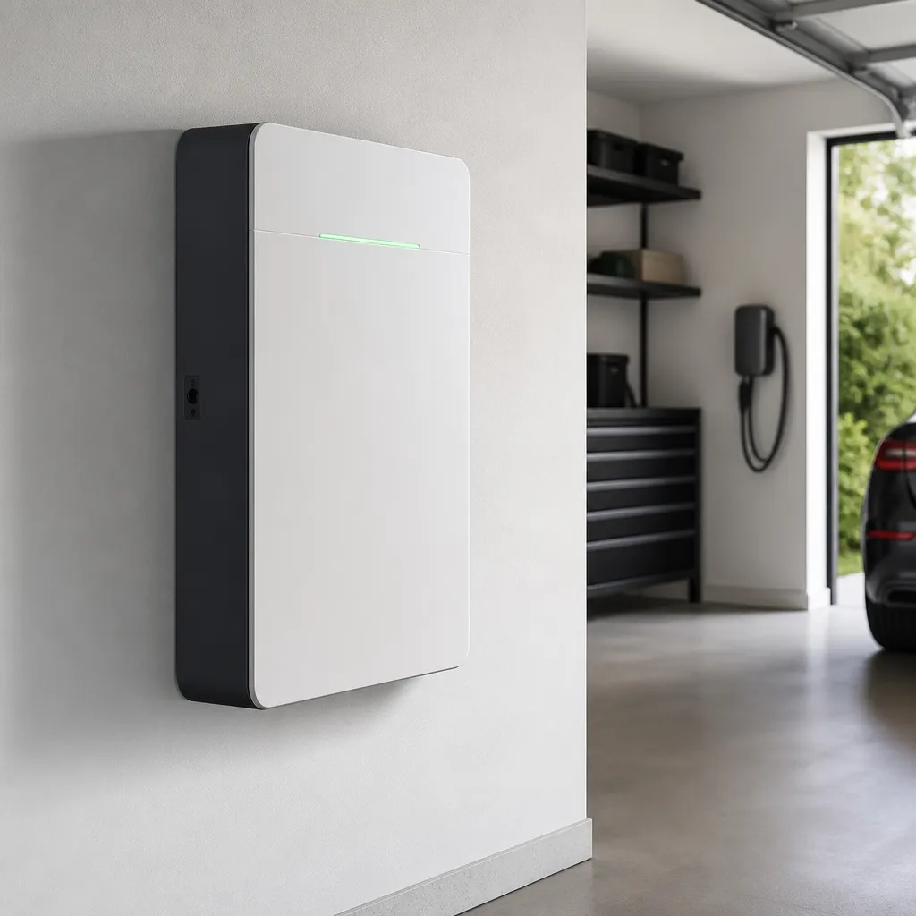 A sleek white Helios home battery mounted in a garage beside an EV charger