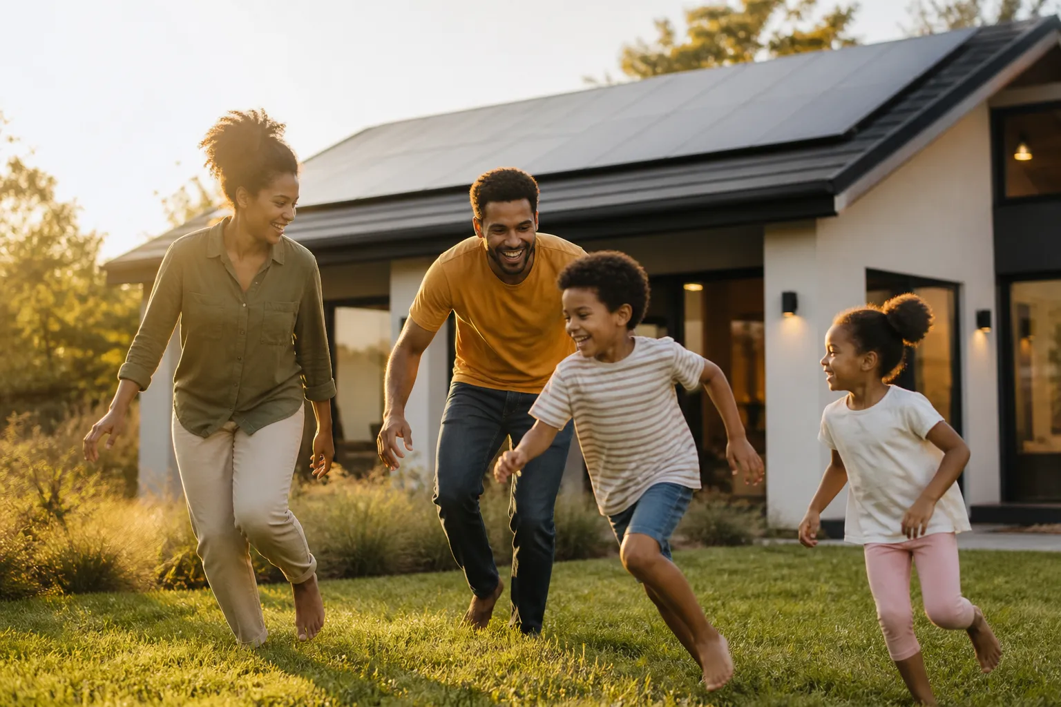 Parents and two children playing on the lawn in front of their modern solar-powered home at golden hour
