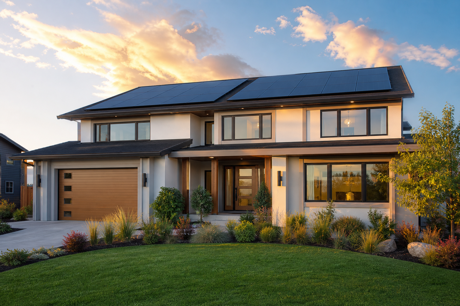 A modern two-story home glowing at golden hour with a full rooftop solar array