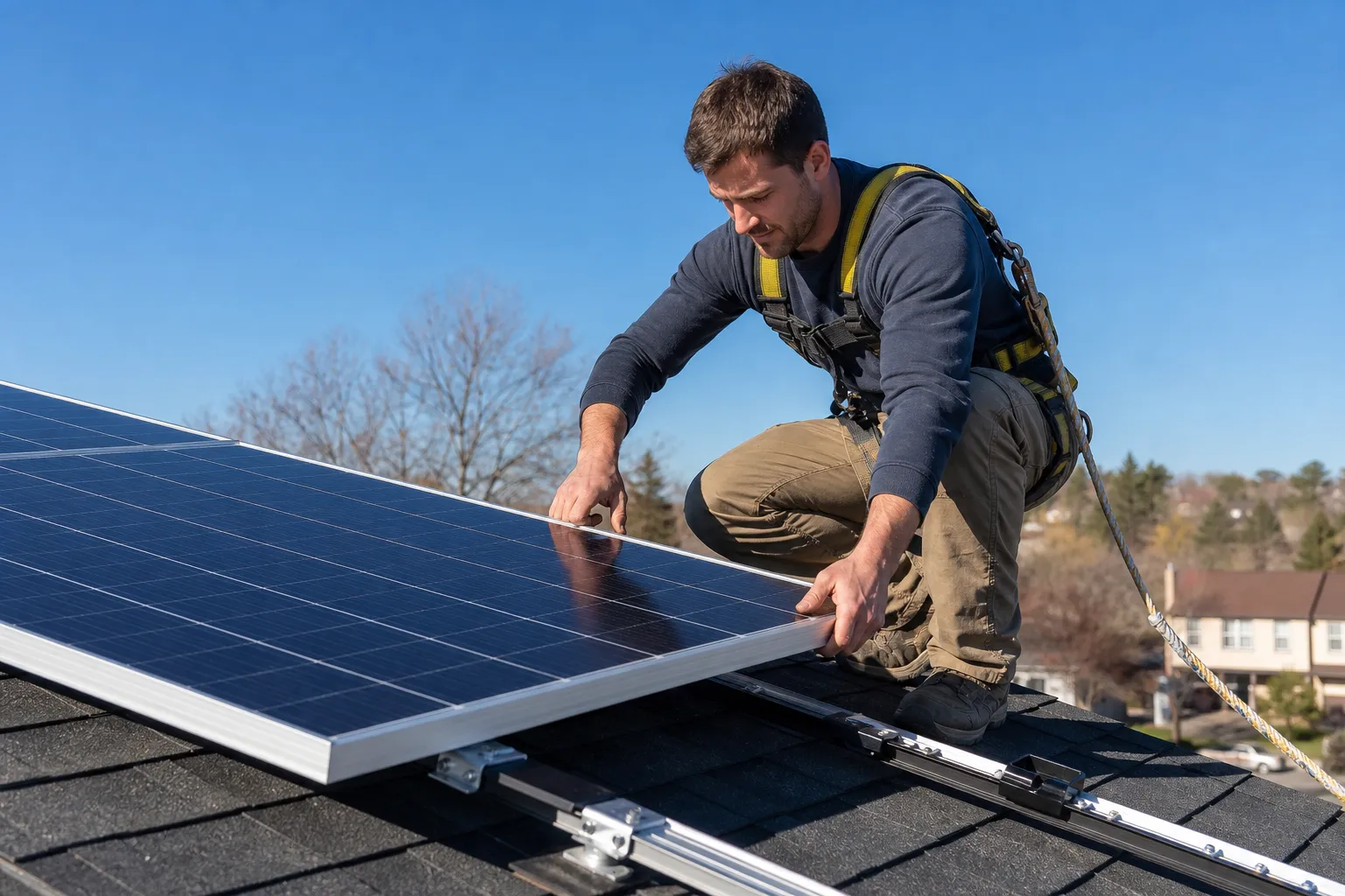 A harnessed Helios technician securing a solar panel to a rooftop rail on a clear day